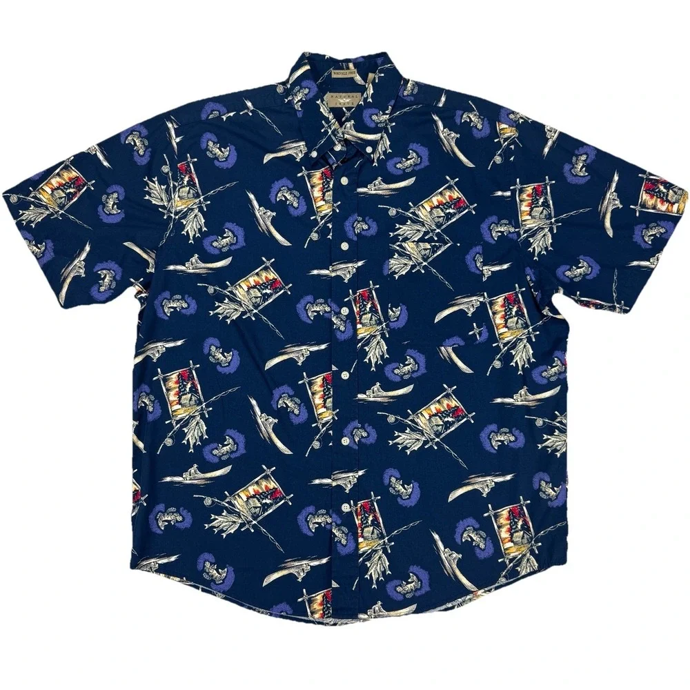 Vintage Natural Issue Button Down Large Men's Fishing Camping Hawaiian Shirt